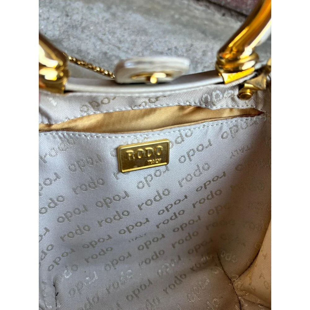 Beige, Rodo Italy Satin Evening Bag with Gold Metal Accents